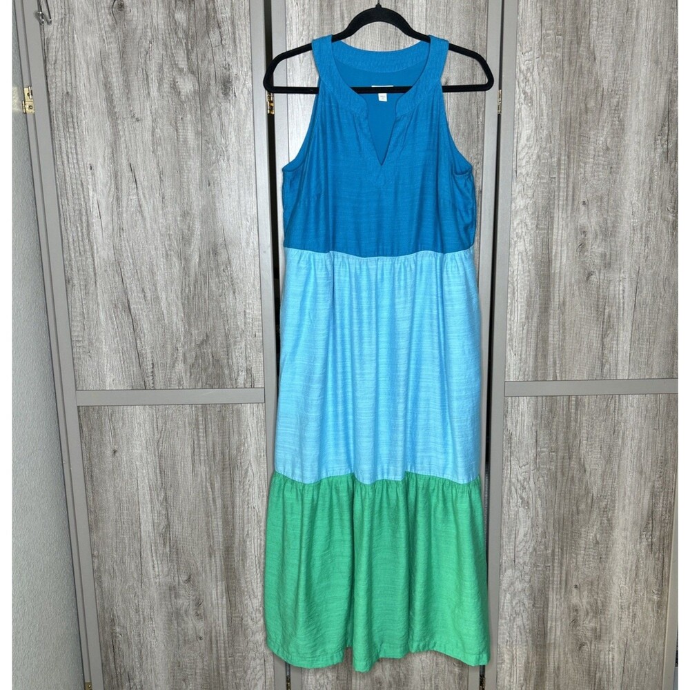 J Jill Maxi Dress Women Size M Petite Tier Color Block Pockets Halter Blue Green